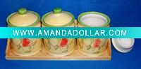 Ceramic sugar/coffee/tea jars with wooden stand
