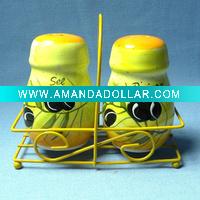 Wholesale Ceramic salt & pepper shaker with iron stand