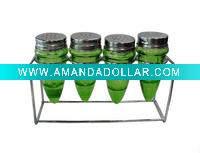 Wholesale Four Green Glass-Cruets & Stainless Steel Rack