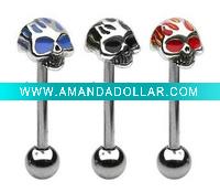Wholesale Epoxy Flaming Skull Tongue Rings,tongue piercing jewelry,316L body jewelry