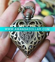 Wholesale Vintage Antique Bronze Hollow Heart Shaped Pocket Watch Necklace