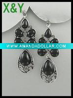 Silvertone Teardrop Black Beads & Rhinestone Earring (2 Inch)