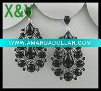 Wholesale Silvertone Teardrop Black Beads Chandelier Earring (2 Inch)