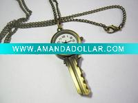 Vintage Antique Bronze Key Shape Pendant Watch Necklace