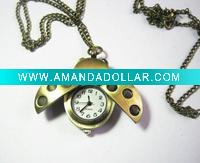 Wholesale Vintage Antique Bronze New Ladybug Pocket Quartz Pendant Watch Necklace