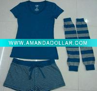 Wholesale ladies apparel stock lot,ladies (t shirt+boxers+legwearer) set,women garment set