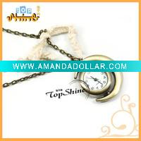 Fashion Alloy Unique Chain Moon Shape Quartz Watch Necklace D00556o