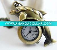 Wholesale Vintage charming vivid dolphin pocket watch necklace