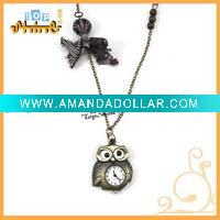 Wholesale Fashion Alloy Unique Chain Owl Pendant Quartz Watch Necklace D00562o