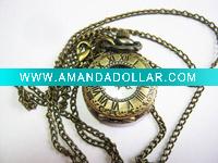 Vintage Antique Bronze Small size Round Roman numerals Pocket Watch Necklace