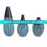 Wholesale set of 3 ceramic flower vases with embossed pattern in glazed