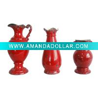 Wholesale set of 3 ceramic flower vases in red glazed