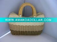 Crocheted Handbag in Fashionable Appearance with Wooden Handle