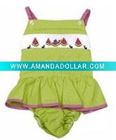 Wholesale baby child Infant Toddlers Vive la Fete Girls Green Gingham Ruffle Swimsuit - Smocked Watermelons bibs Clothes dress baby