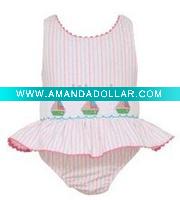 Wholesale fabric leather fur baby Infant Anavini Girls Pink Multi Striped Ruffle Swimsuits - Smocked Sailboats bibs Toddlers Clothing dres