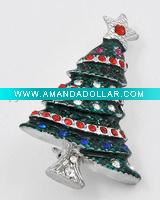 Wholesale Silver Tone / Green Epoxy / Red Rhinestones / Lead Compliant / Christmas Tree Brooch