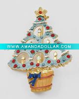 Wholesale Gold Tone / Blue Enamel / Red Rhinestone / Lead Compliant / Christmas Tree Brooch