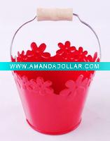 Handmade Round Red Metal Planter Pot with Flower Rim and Wooden Handle