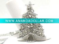 White gold plating crystal christmas tree necklace
