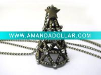 Burnish metal crystal stud christmas tree pendant long chain necklace