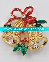 Wholesale Gold Tone / Green & Red Epoxy / Lead Compliant / Christmas Bell Pin Brooch