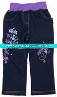 Wholesale girl denim like casual pants embroidery detail G1942#Navy