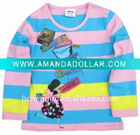 Wholesale Nova girl clothing cotton strip t shirt with print F2100#pink/blue