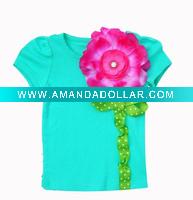 Wholesale aqua shirt with magenta flower for girls