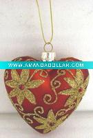 Wholesale Christmas glass hanging decoration, heart shape,red with golden glitter