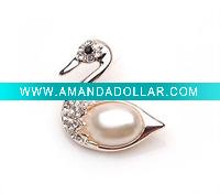 Wholesale swan shape alloy rhinestones pearls pin costume brooch jewelry
