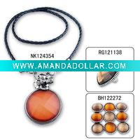 Wholesale Hematite plating metal costume jewelry set with leather cord and resin stone