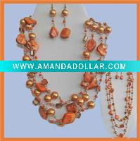 Wholesale ORANGE ABALONE SHELL PEARL LONG NECKLACE EARRINGS SET