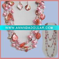 PINK ABALONE SHELL PEARL LONG NECKLACE EARRINGS SET