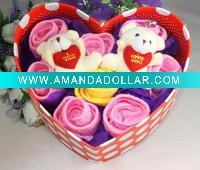 wedding towel cake in hearted box