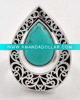 Wholesale Rhodiumized / Turquoise Gemstone / Lead&nickel Compliant / Filigree Tear Drop Stretch Ring