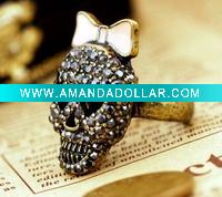 Vintage design handmade gemstone crystal skull alloy finger ring