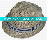 Wholesale (HFD4012) Natural Rush Straw Fedora with Striped Ribbon Band