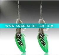 Wholesale green feather drop earrings/clip on
