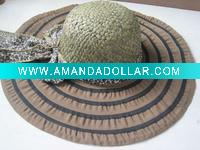 Wholesale Straw crown sun hat with braid brim, ladies floppy hat with ribbon band