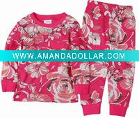 Wholesale nova kids Child winter long sleeve floral printed nightwear pajama set F2978# Fuchsia