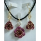 Wholesale darkmagenta rose flower pendent golden alloying jewelry sets with oil palting