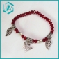Fashionable Newly Red Crystal Beaded Bracelet With 3 sheet Silver Leaf