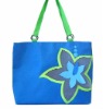 Blue 600D polyester beach bag with green handle
