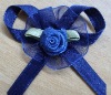 Wholesale blue double face satin robbon dress bow with artificial flower in middle
