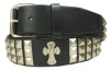 Black Leather Studded Rhinestone Cross Belt/3 Row Pyramid Studded Black Belt Strap