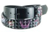 Wholesale Black Belt W/ Black Studs & Colorful Tattoo Design/3 Row Pyramid Studded Black Belt Strap