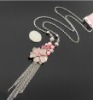 Wholesale long chain necklace with alloy flower pendant, plastic beads