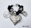 leather cord natural stone faceted charm bracelet with heart&peace pendant