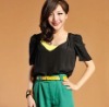 Wholesale [df2343]free shipping high quality comfortable feeling genuine silk lady t shirt, elegant black V neck lady t shirt, lady top