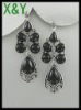 Wholesale Silvertone Teardrop Black Beads & Rhinestone Earring (2 Inch)